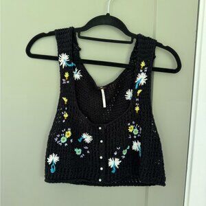 Free People Black Crochet Tank with Floral Embroidery